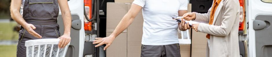 Two movers unloading boxes and furniture from a van while a customer signs paperwork, representing a professional moving service in New Jersey.